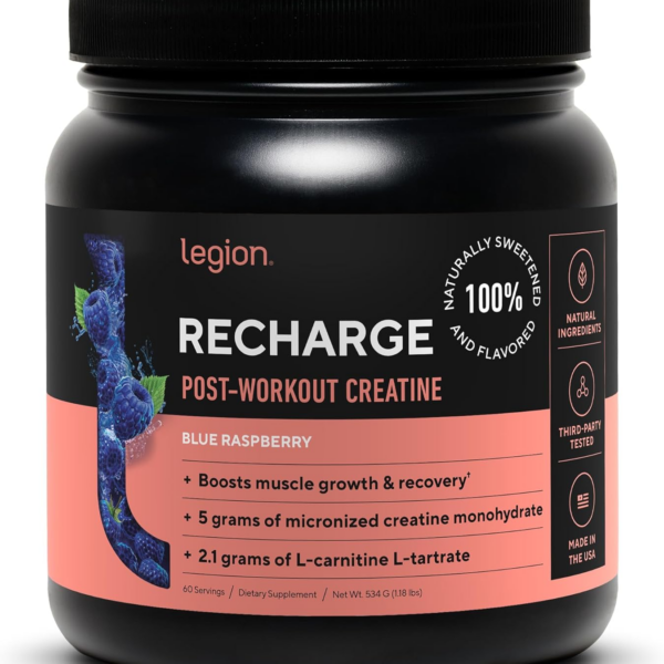 Recharge Post Workout Supplement - All Natural Muscle Builder & Recovery Drink With Micronized Creatine Monohydrate. Naturally Sweetened & Flavored, Safe & Healthy. (Blue Raspberry, 60 Serving)
