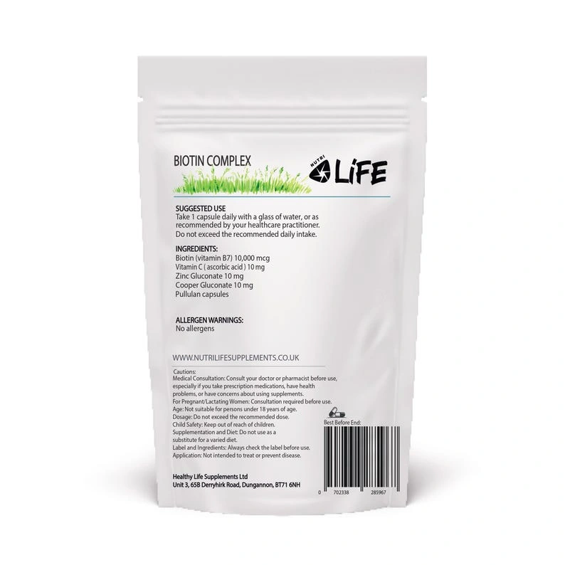 Biotin Complex vegan Supplement BIOTIN 10,000mcg Zinc Copper Vitamin C - 60 Capsules - Image 2